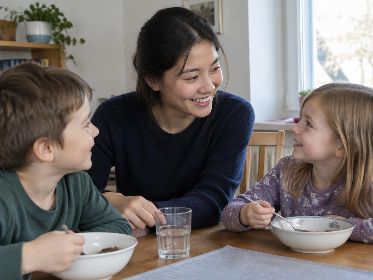 Junges Au-pair aus der Mongolei mit zwei Kindern am Familientisch