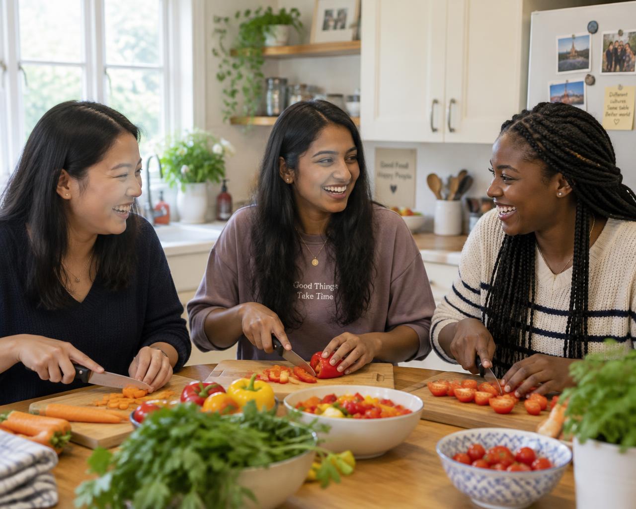 Au-pairs aus der Mongolei, Indien und Afrika schnippeln gemeinsam Gemüse in der Küche und lachen dabei