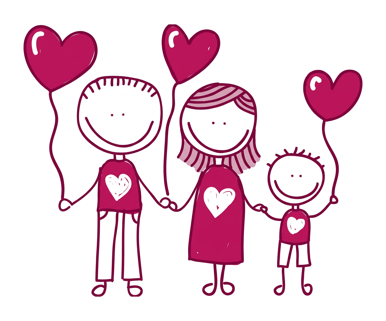 Unsere Familie – Mama, Papa und Kind – mit drei Herzluftballonen